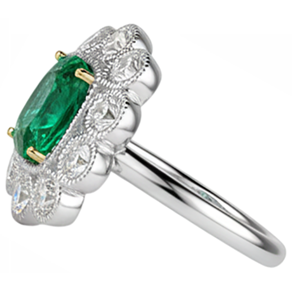 Natural Real ( Not Lab Grown ) Unique Halo Vintage Style Ring Green Emerald GIA With Diamonds
