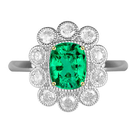 Unique Halo Vintage Style Ring Green Emerald With Diamonds
