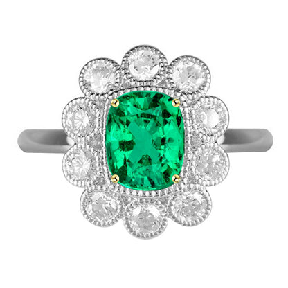 Unique Halo Vintage Style Ring Green Emerald With Diamonds