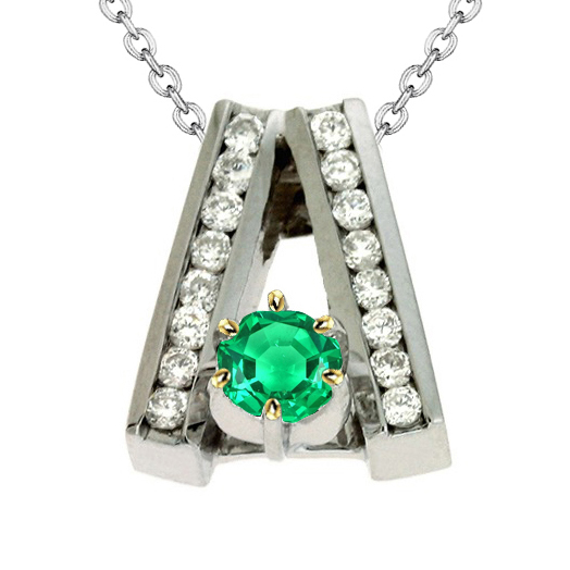 V Shape Pendant Green Emerald Necklace With Real Diamonds