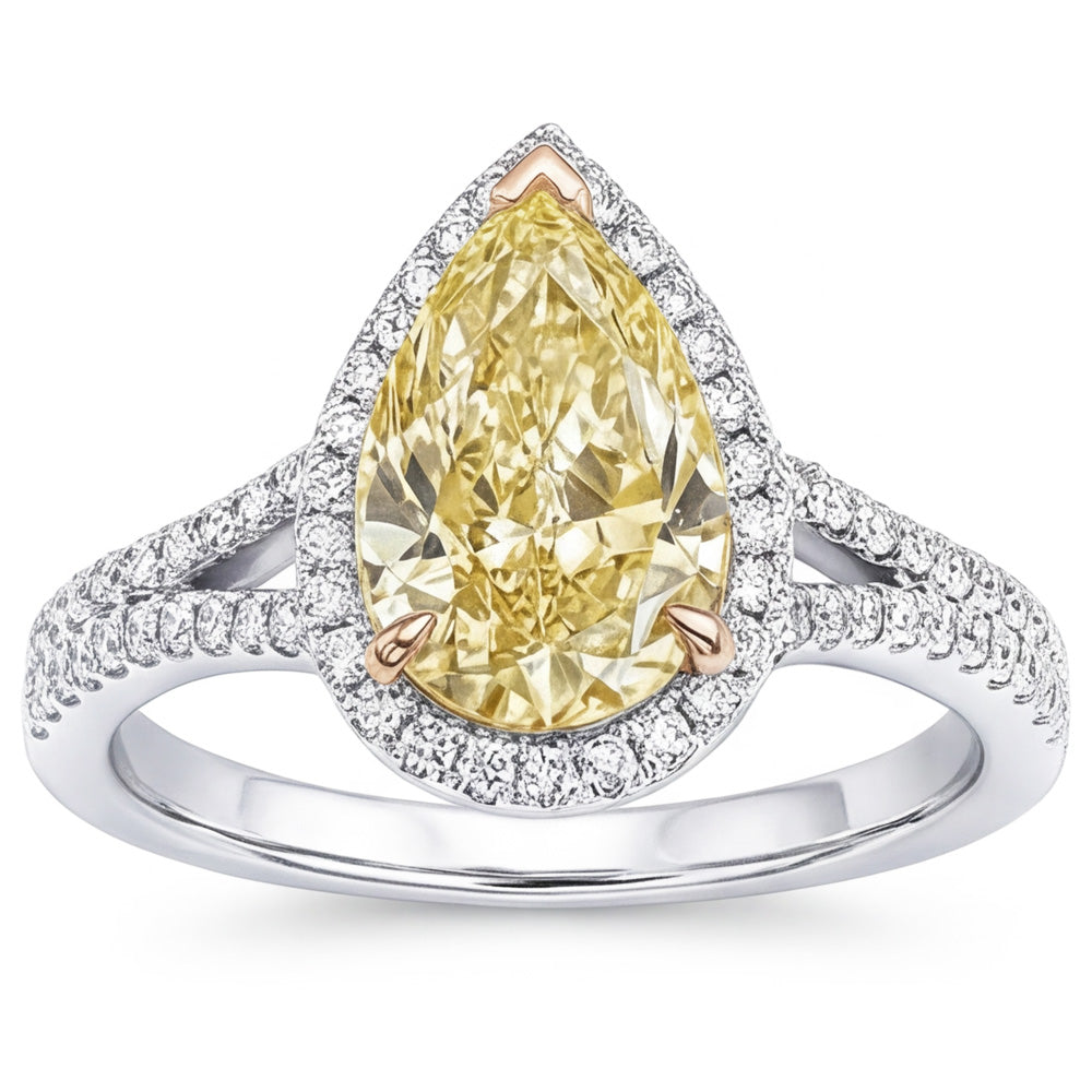VVS Halo Engagement Ring – Yellow Canary Diamond 2 ct 14K Two Tone