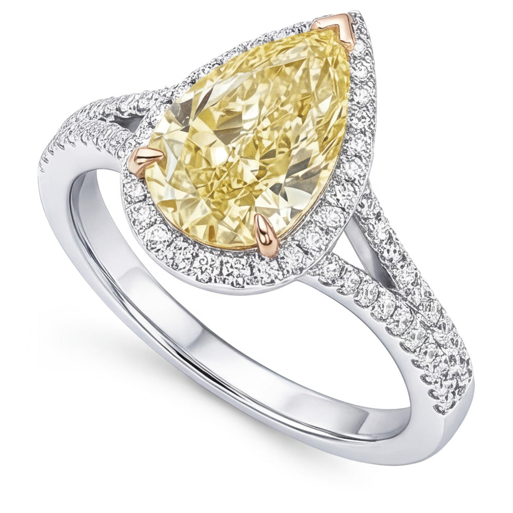 VVS Halo Engagement Ring – Yellow Canary Diamond 2 ct 14K Two Tone
