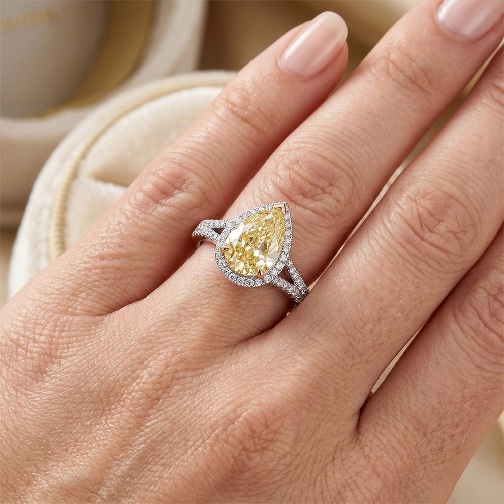 VVS Halo Engagement Ring – Yellow Canary Diamond 2 ct 14K Two Tone