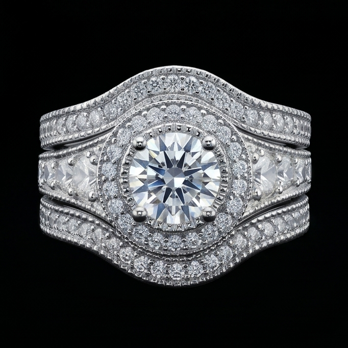 Vintage Anniversary Ring Set 4 Carats Round Natural Earth Mined Diamond White Gold 14K