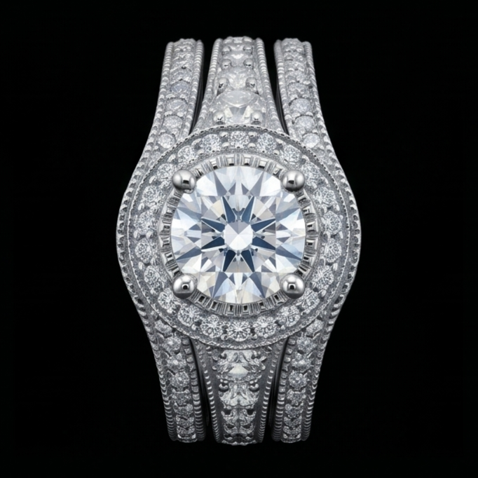 Vintage Anniversary Ring Set 4 Carats Round Natural Earth Mined Diamond White Gold 14K
