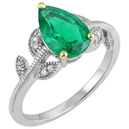 Natural Real ( Not Lab Grown ) Vintage Look Casual Womens Ring Pear Shape Green Emerald GIA