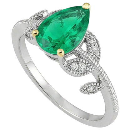 Natural Real ( Not Lab Grown ) Vintage Look Casual Womens Ring Pear Shape Green Emerald GIA