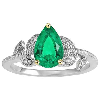 Natural Real ( Not Lab Grown ) Vintage Look Casual Womens Ring Pear Shape Green Emerald GIA
