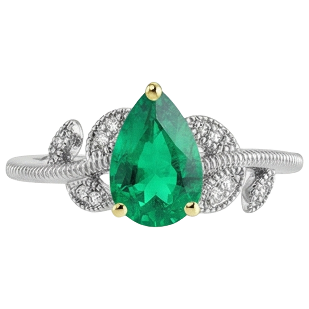Natural Real ( Not Lab Grown ) Vintage Look Casual Womens Ring Pear Shape Green Emerald GIA