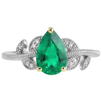 Natural Real ( Not Lab Grown ) Vintage Look Casual Womens Ring Pear Shape Green Emerald GIA