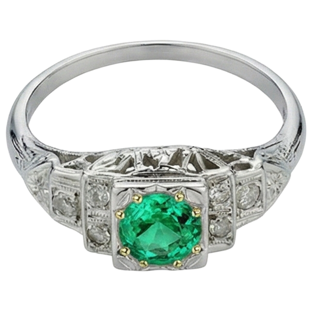 Natural Real ( Not Lab Grown ) Vintage Look Green Emerald GIA Diamond Ring For Women
