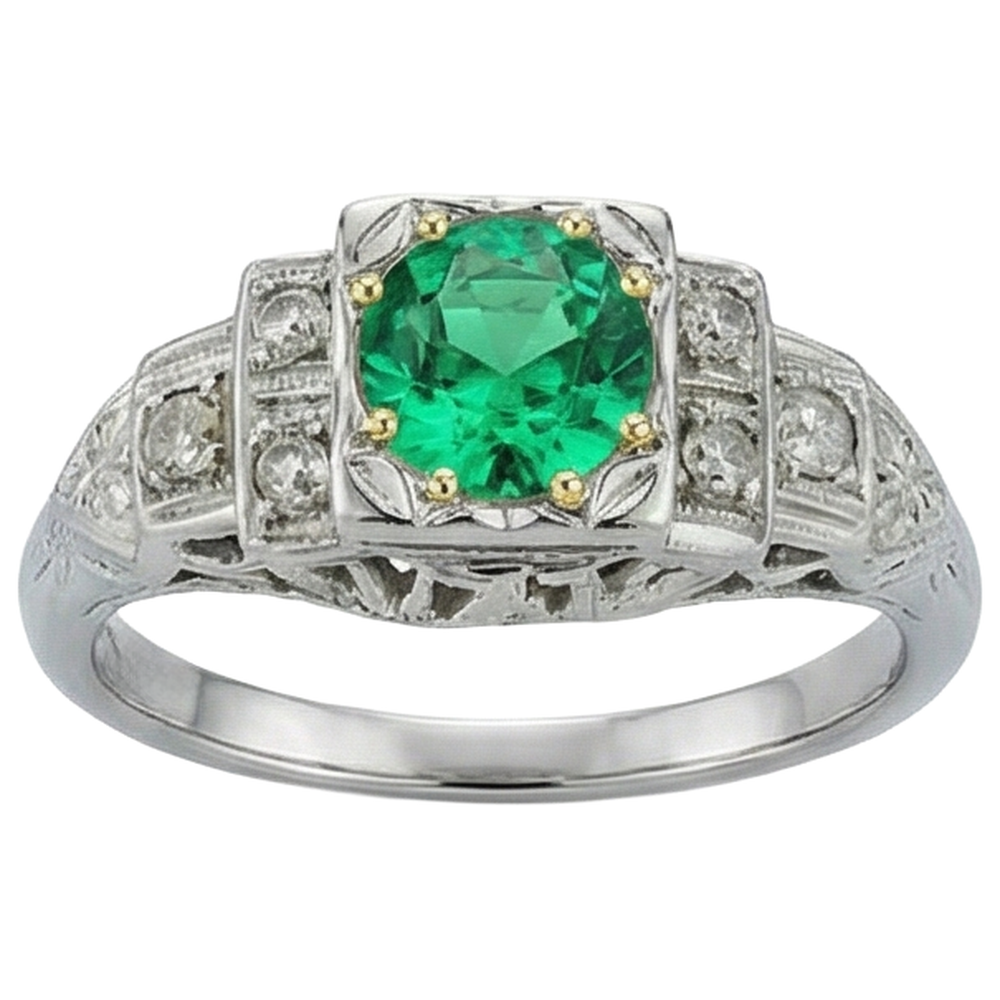 Natural Real ( Not Lab Grown ) Vintage Look Green Emerald GIA Diamond Ring For Women