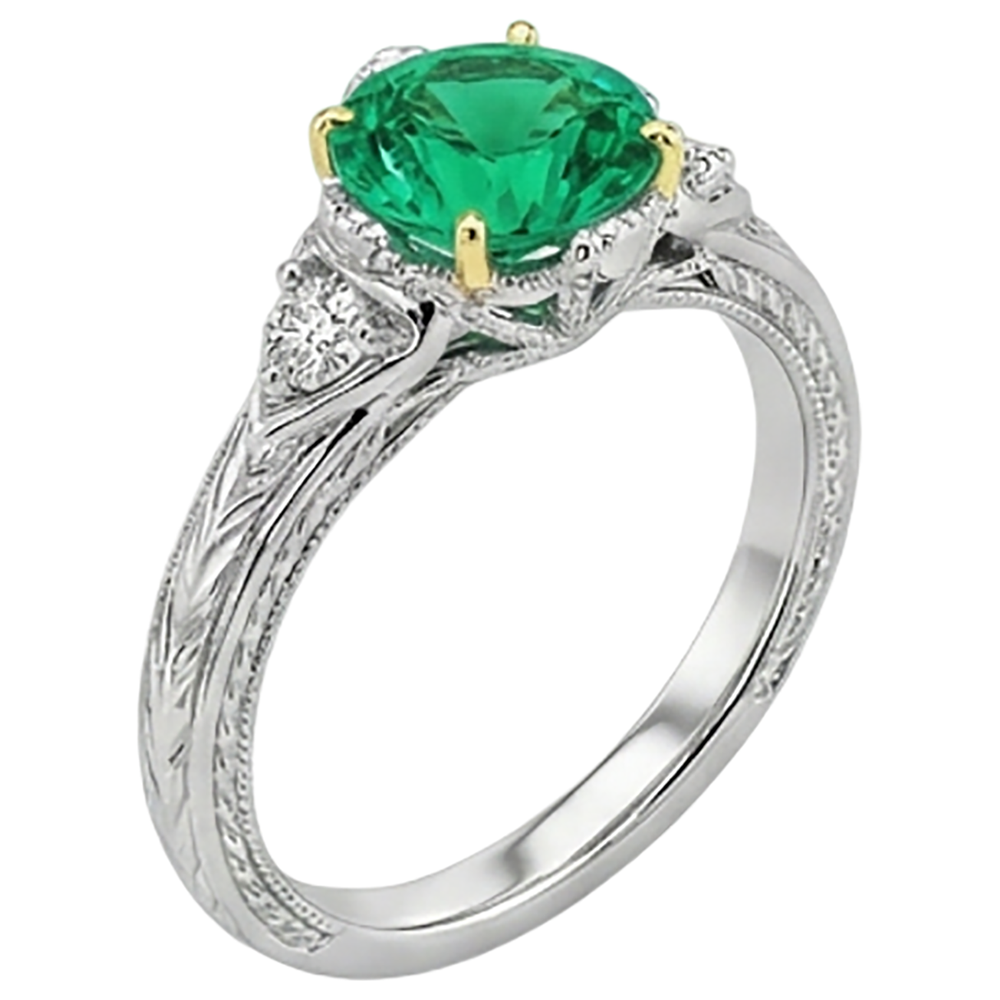 Natural Real ( Not Lab Grown ) Vintage Look Green Emerald GIA Diamond Ring