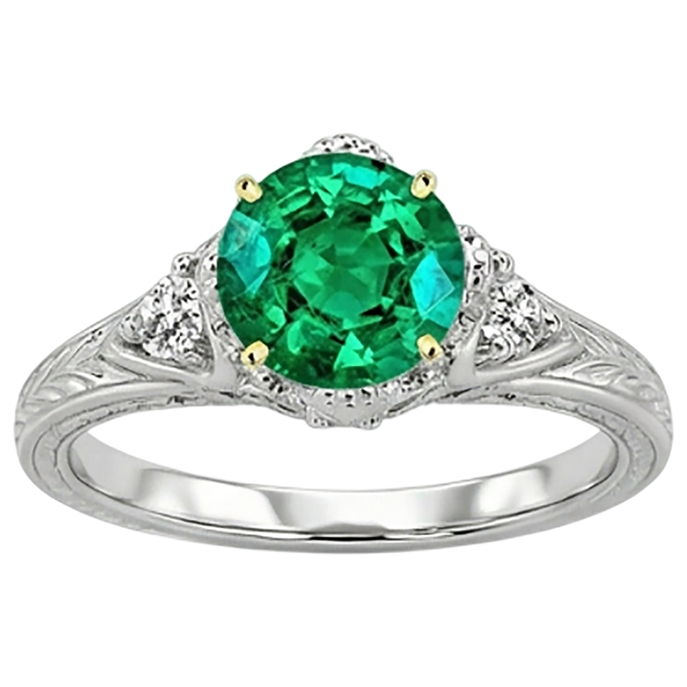 Natural Real ( Not Lab Grown ) Vintage Look Green Emerald GIA Diamond Ring