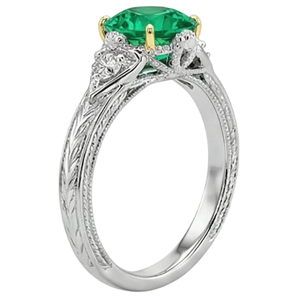 Natural Real ( Not Lab Grown ) Vintage Look Green Emerald GIA Diamond Ring