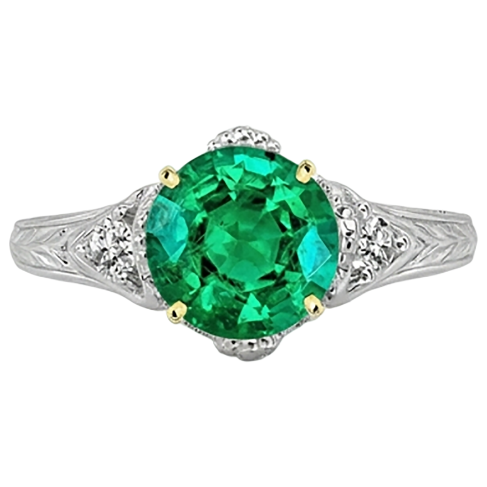 Natural Real ( Not Lab Grown ) Vintage Look Green Emerald GIA Diamond Ring