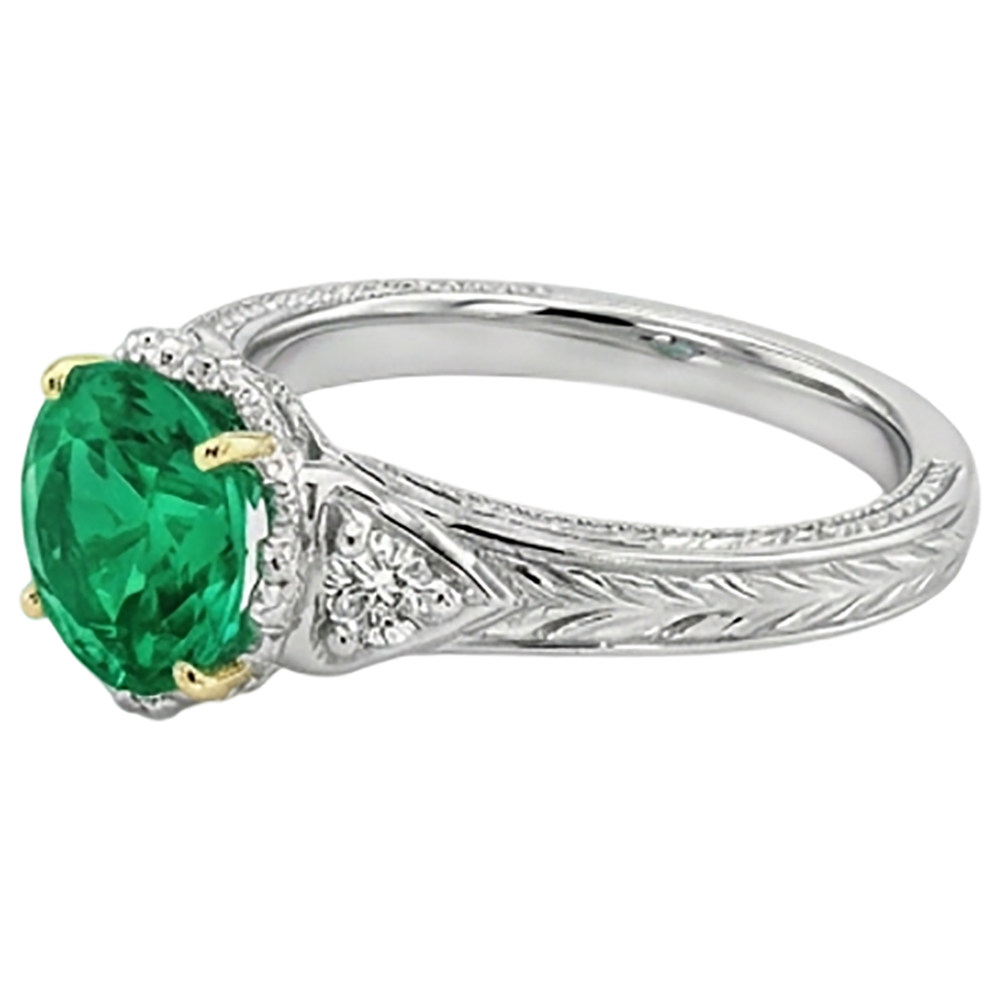Natural Real ( Not Lab Grown ) Vintage Look Green Emerald GIA Diamond Ring