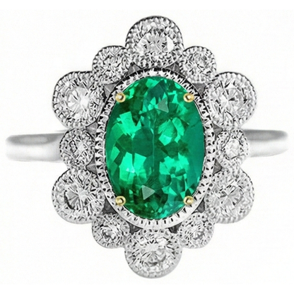 Natural Real ( Not Lab Grown ) Vintage Look Green Emerald GIA Halo Ring Dainty Two Tone Gold