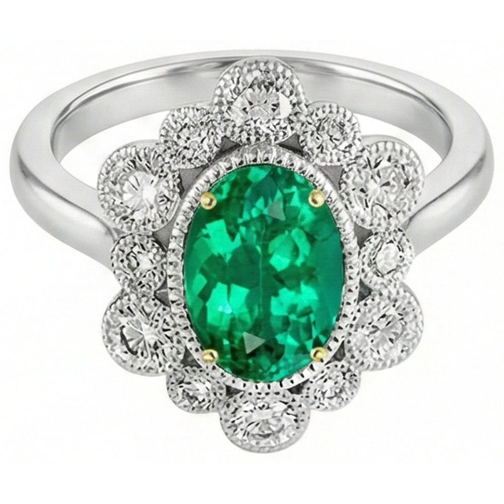 Natural Real ( Not Lab Grown ) Vintage Look Green Emerald GIA Halo Ring Dainty Two Tone Gold