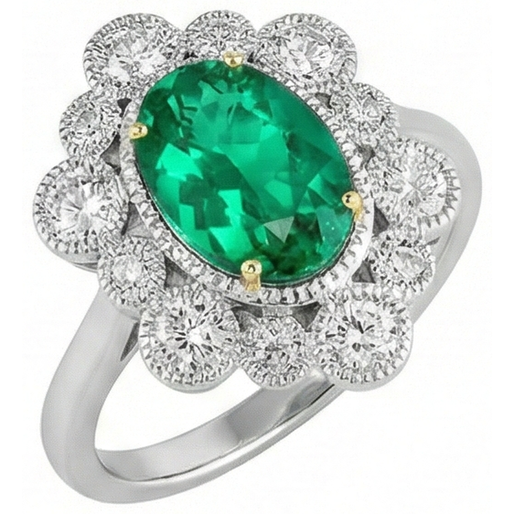Natural Real ( Not Lab Grown ) Vintage Look Green Emerald GIA Halo Ring Dainty Two Tone Gold