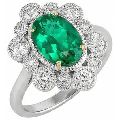 Natural Real ( Not Lab Grown ) Vintage Look Green Emerald GIA Halo Ring Dainty Two Tone Gold