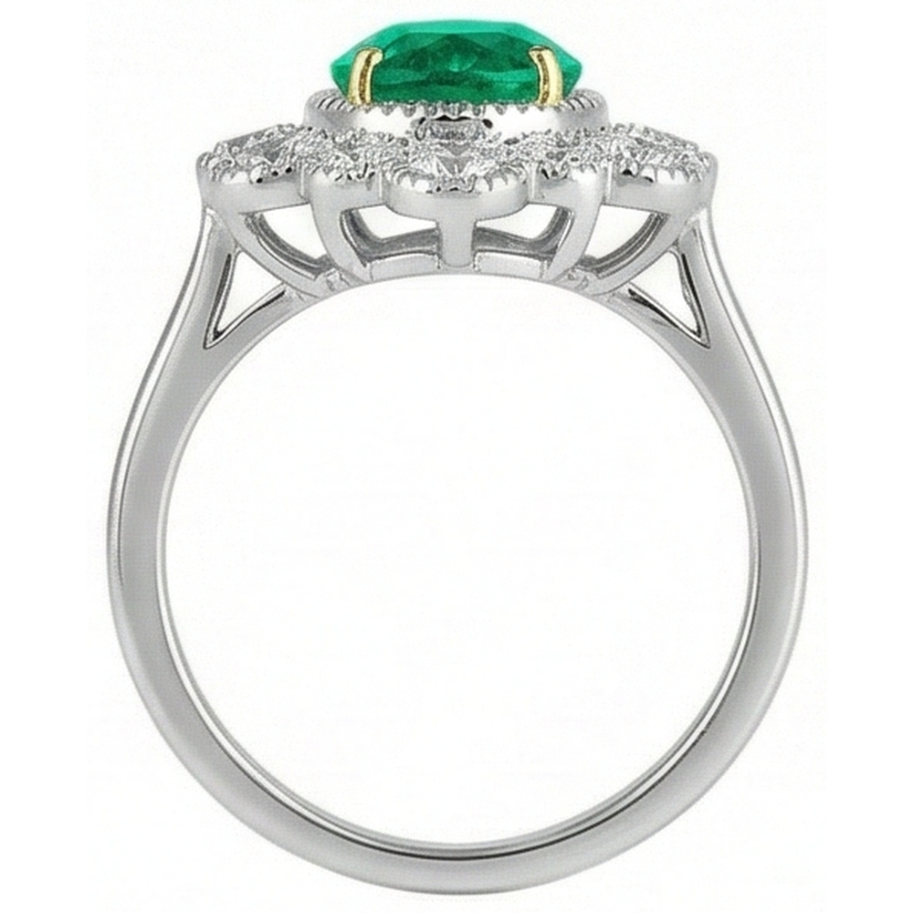 Natural Real ( Not Lab Grown ) Vintage Look Green Emerald GIA Halo Ring Dainty Two Tone Gold