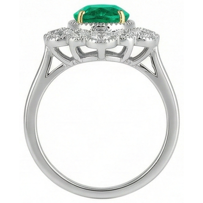 Natural Real ( Not Lab Grown ) Vintage Look Green Emerald GIA Halo Ring Dainty Two Tone Gold