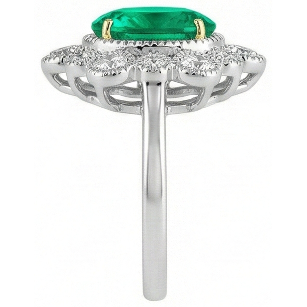 Natural Real ( Not Lab Grown ) Vintage Look Green Emerald GIA Halo Ring Dainty Two Tone Gold