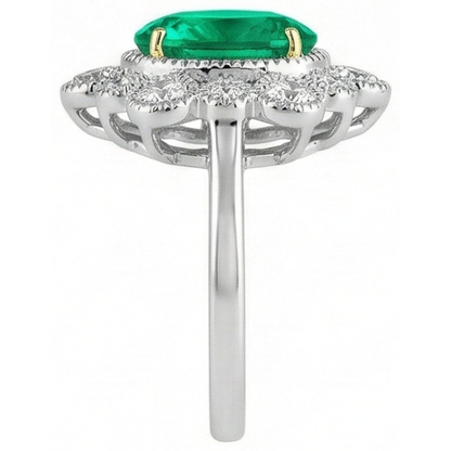 Natural Real ( Not Lab Grown ) Vintage Look Green Emerald GIA Halo Ring Dainty Two Tone Gold