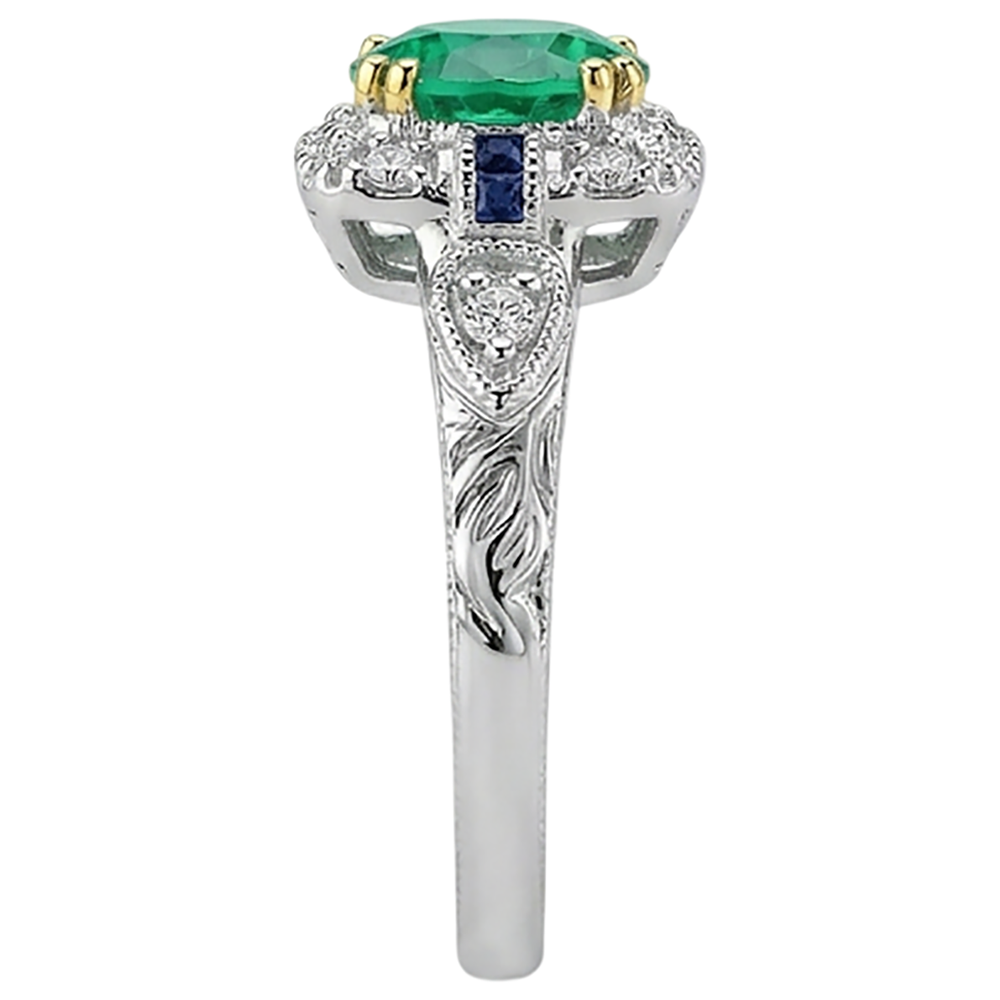 Natural Real ( Not Lab Grown ) Vintage Look Green Emerald GIA Ring With Blue Sapphire & Diamonds
