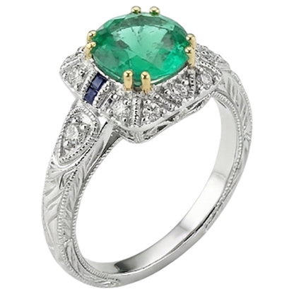 Natural Real ( Not Lab Grown ) Vintage Look Green Emerald GIA Ring With Blue Sapphire & Diamonds