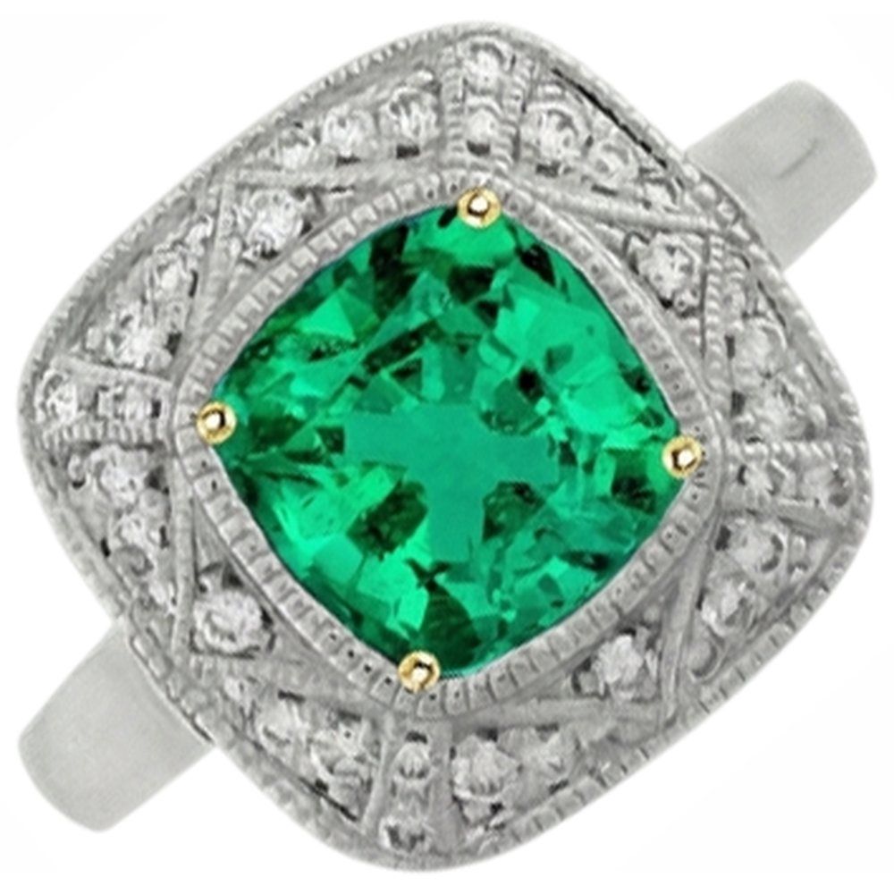 Natural Real ( Not Lab Grown ) Vintage Look Green Emerald GIA Ring With Diamonds 14K Gold