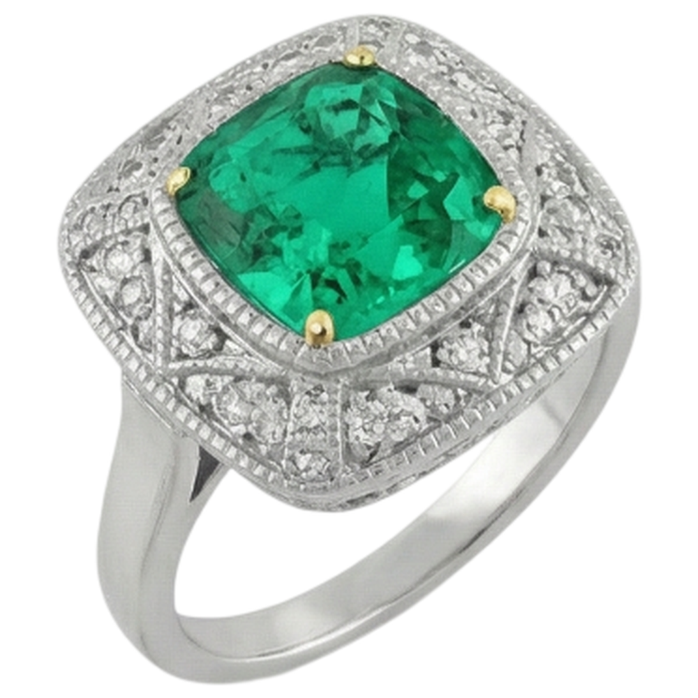 Natural Real ( Not Lab Grown ) Vintage Look Green Emerald GIA Ring With Diamonds 14K Gold