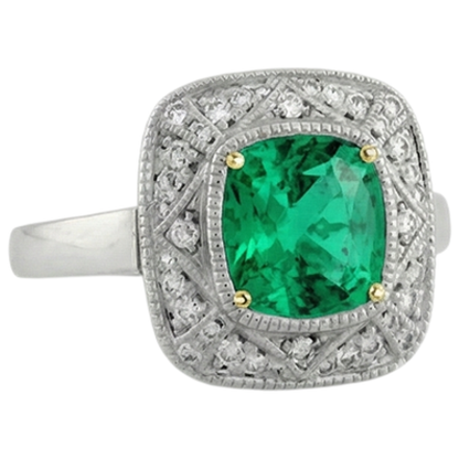 Natural Real ( Not Lab Grown ) Vintage Look Green Emerald GIA Ring With Diamonds 14K Gold