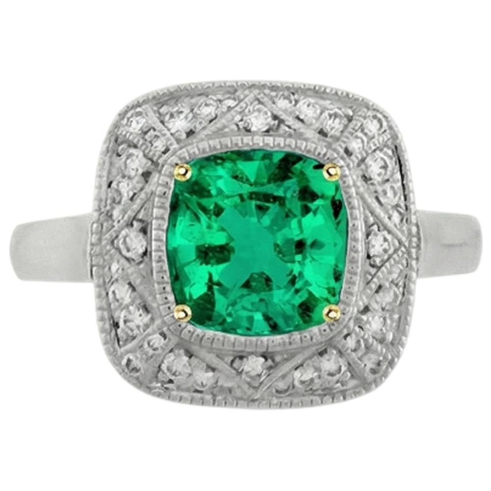 Natural Real ( Not Lab Grown ) Vintage Look Green Emerald GIA Ring With Diamonds 14K Gold