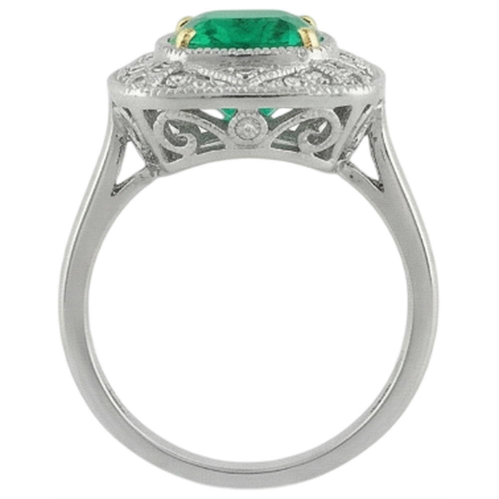Natural Real ( Not Lab Grown ) Vintage Look Green Emerald GIA Ring With Diamonds 14K Gold