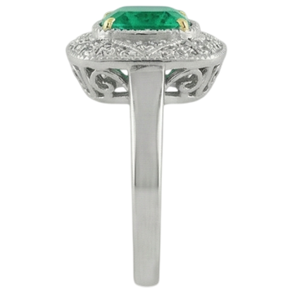 Natural Real ( Not Lab Grown ) Vintage Look Green Emerald GIA Ring With Diamonds 14K Gold