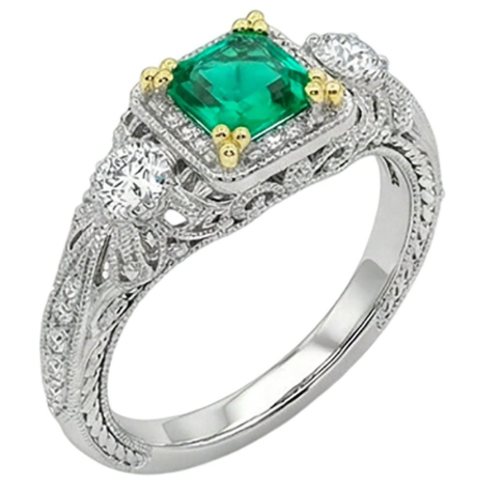 Natural Real ( Not Lab Grown ) Vintage Look Green Emerald GIA With Diamonds Ring Asscher Cut