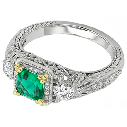 Natural Real ( Not Lab Grown ) Vintage Look Green Emerald GIA With Diamonds Ring Asscher Cut