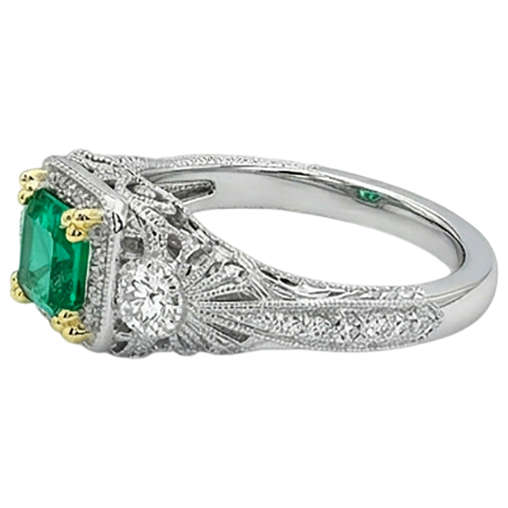 Natural Real ( Not Lab Grown ) Vintage Look Green Emerald GIA With Diamonds Ring Asscher Cut