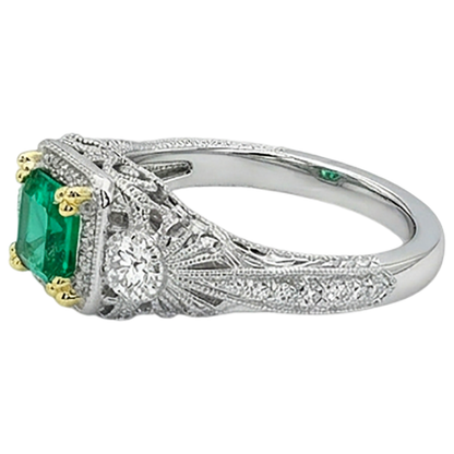 Natural Real ( Not Lab Grown ) Vintage Look Green Emerald GIA With Diamonds Ring Asscher Cut
