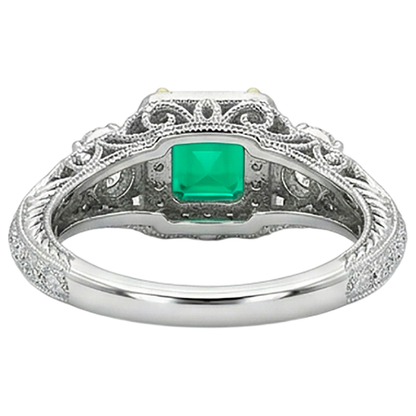 Natural Real ( Not Lab Grown ) Vintage Look Green Emerald GIA With Diamonds Ring Asscher Cut