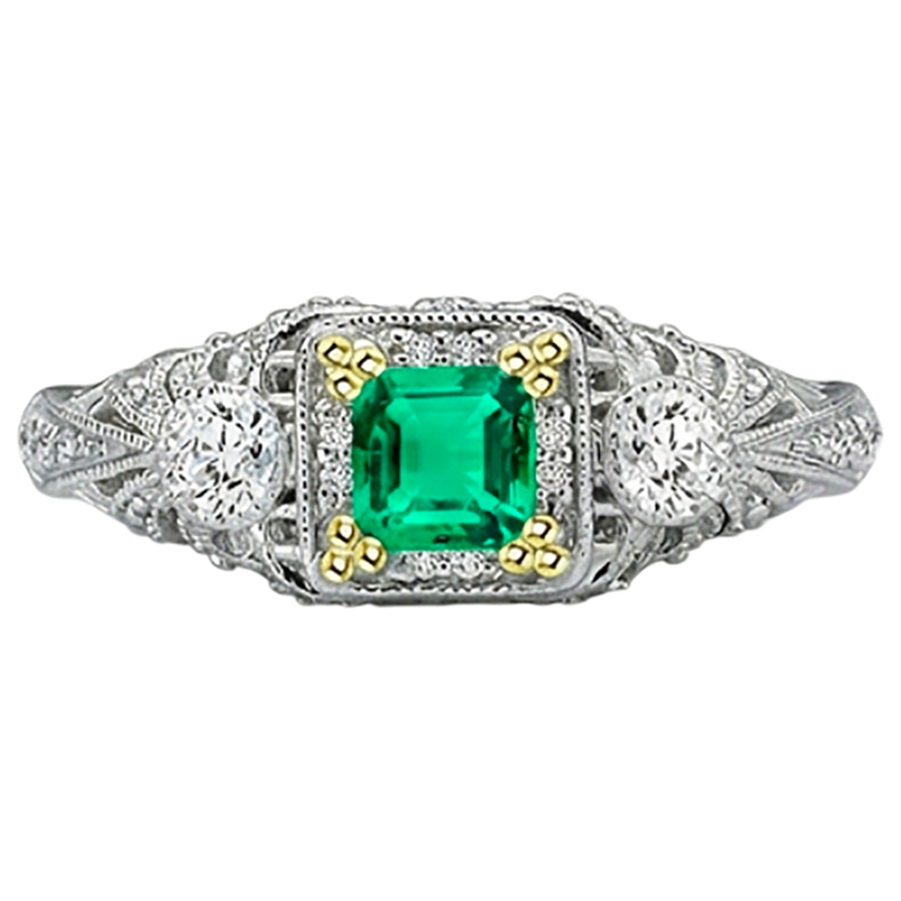 Natural Real ( Not Lab Grown ) Vintage Look Green Emerald GIA With Diamonds Ring Asscher Cut