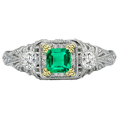 Natural Real ( Not Lab Grown ) Vintage Look Green Emerald GIA With Diamonds Ring Asscher Cut
