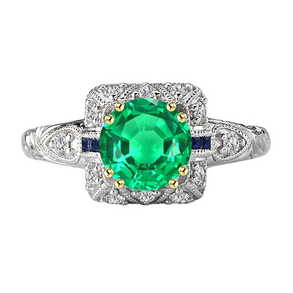 Vintage Look Green Emerald Ring With Blue Sapphire & Diamonds