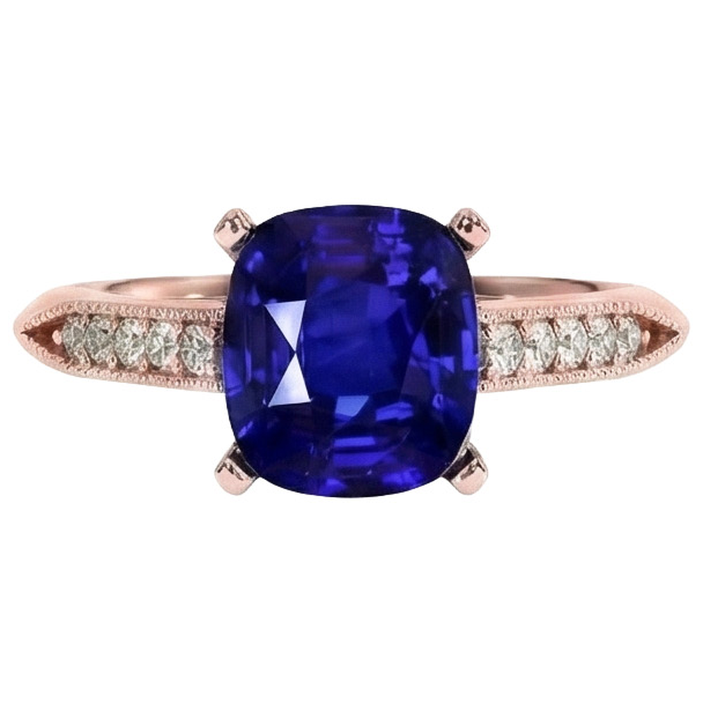 Natural Real ( Not Lab Grown )  Vintage Style Ceylon Cushion Sapphire Ring 5 Carats Accents Rose Gold