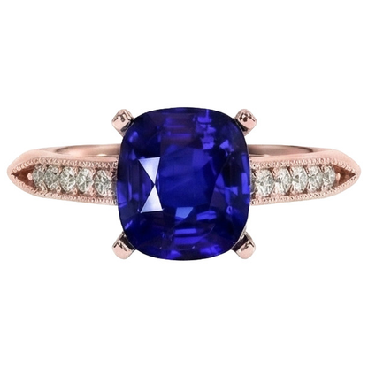 Natural Real ( Not Lab Grown )  Vintage Style Ceylon Cushion Sapphire Ring 5 Carats Accents Rose Gold
