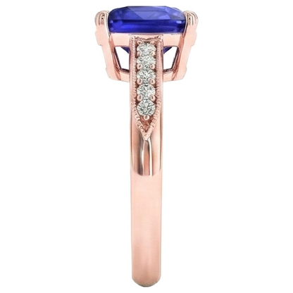Natural Real ( Not Lab Grown )  Vintage Style Ceylon Cushion Sapphire Ring 5 Carats Accents Rose Gold