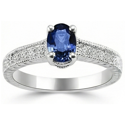 Vintage Style Ceylon Sapphire Natural Earth Mined Diamond Ring 2 Carats White Gold 14K