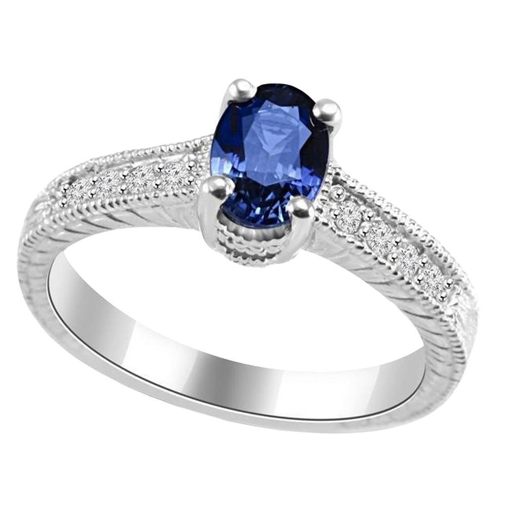 Vintage Style Ceylon Sapphire Natural Earth Mined Diamond Ring 2 Carats White Gold 14K